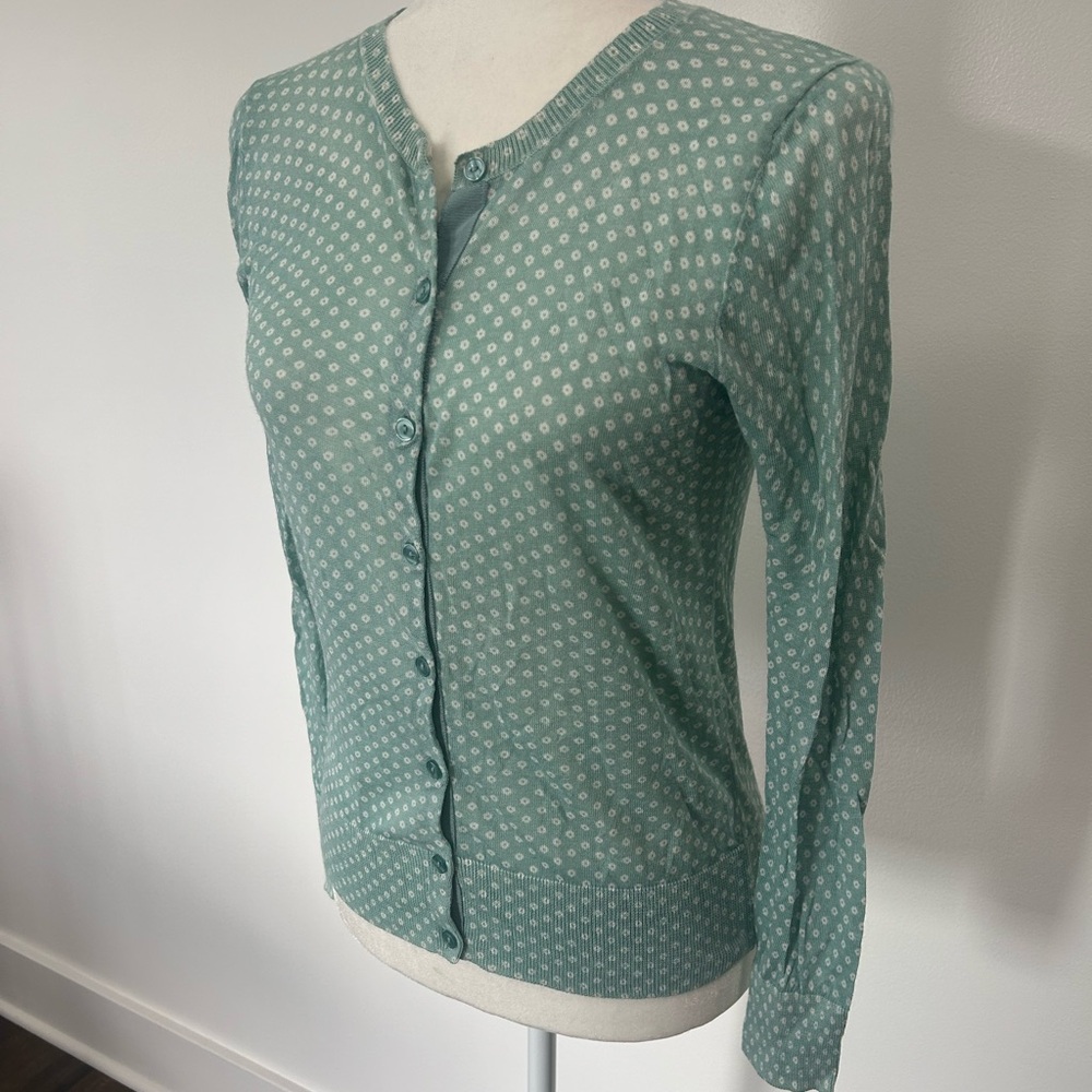 LOFT Teal Button Down Shirt with White Floral Design. Size Small